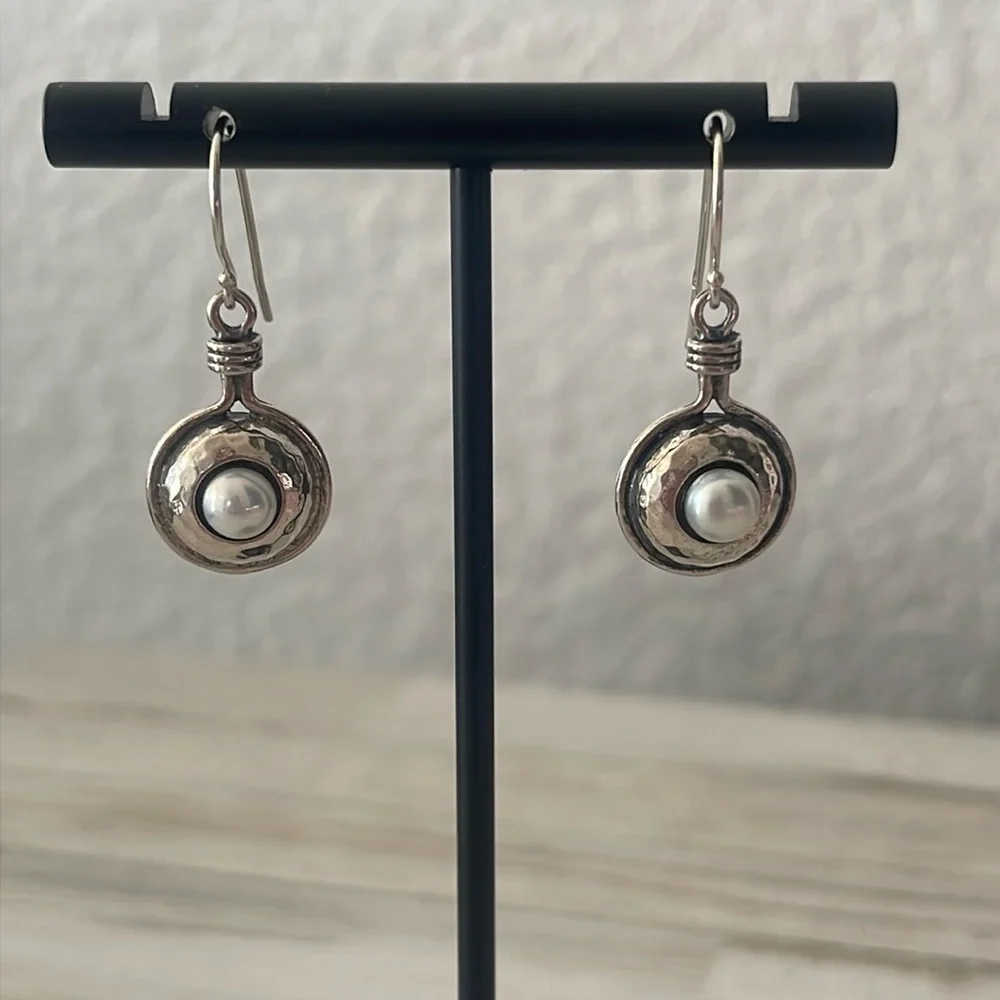 Or Paz Sterling Silver Hammered Pearl Drop Dangle Earrings